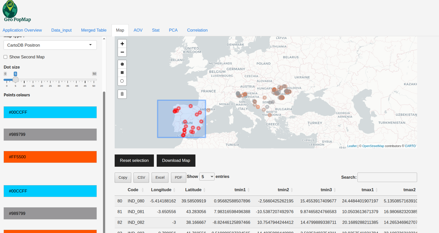 Selecting points on the map for statistical analysis