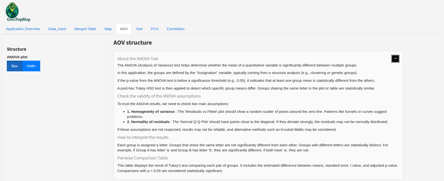 ANOVA interface with structure data and variable selection